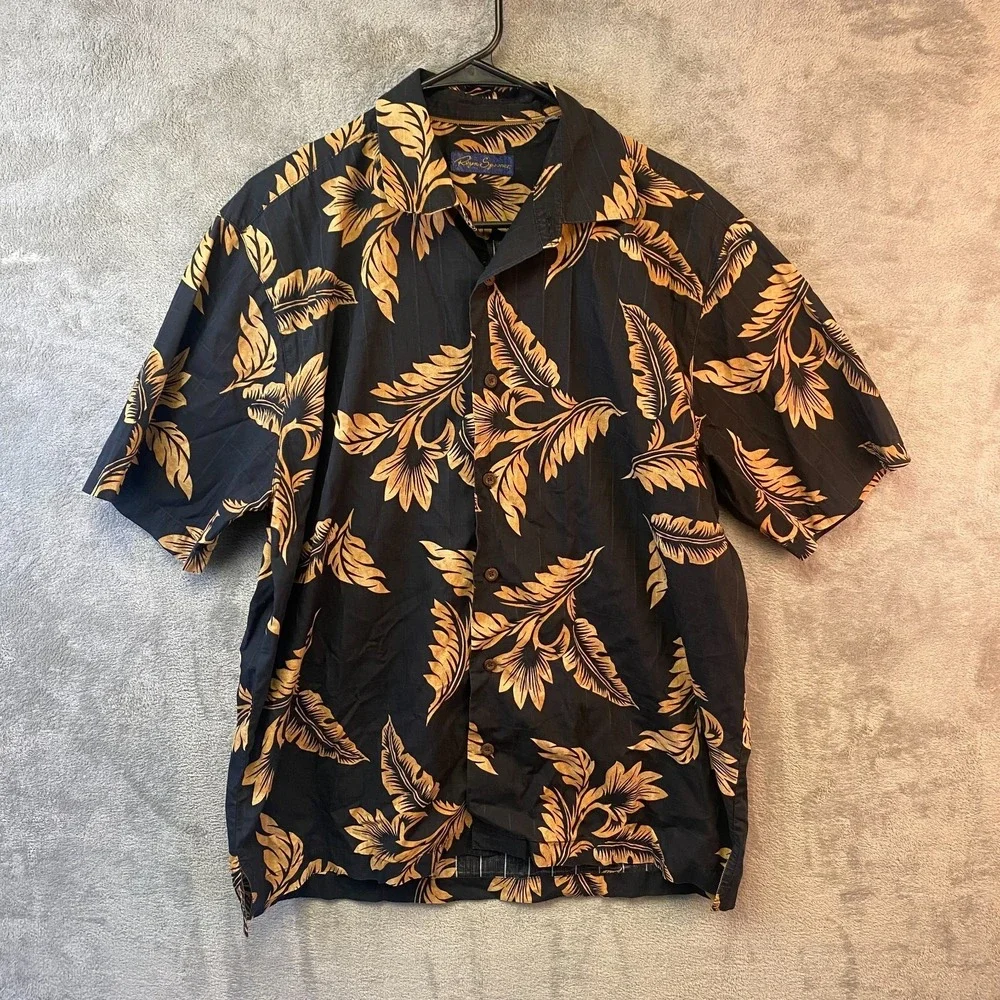 Reyn Spooner Aloha Hawaiian Shirt Black Gold Floral Size Not Tagged